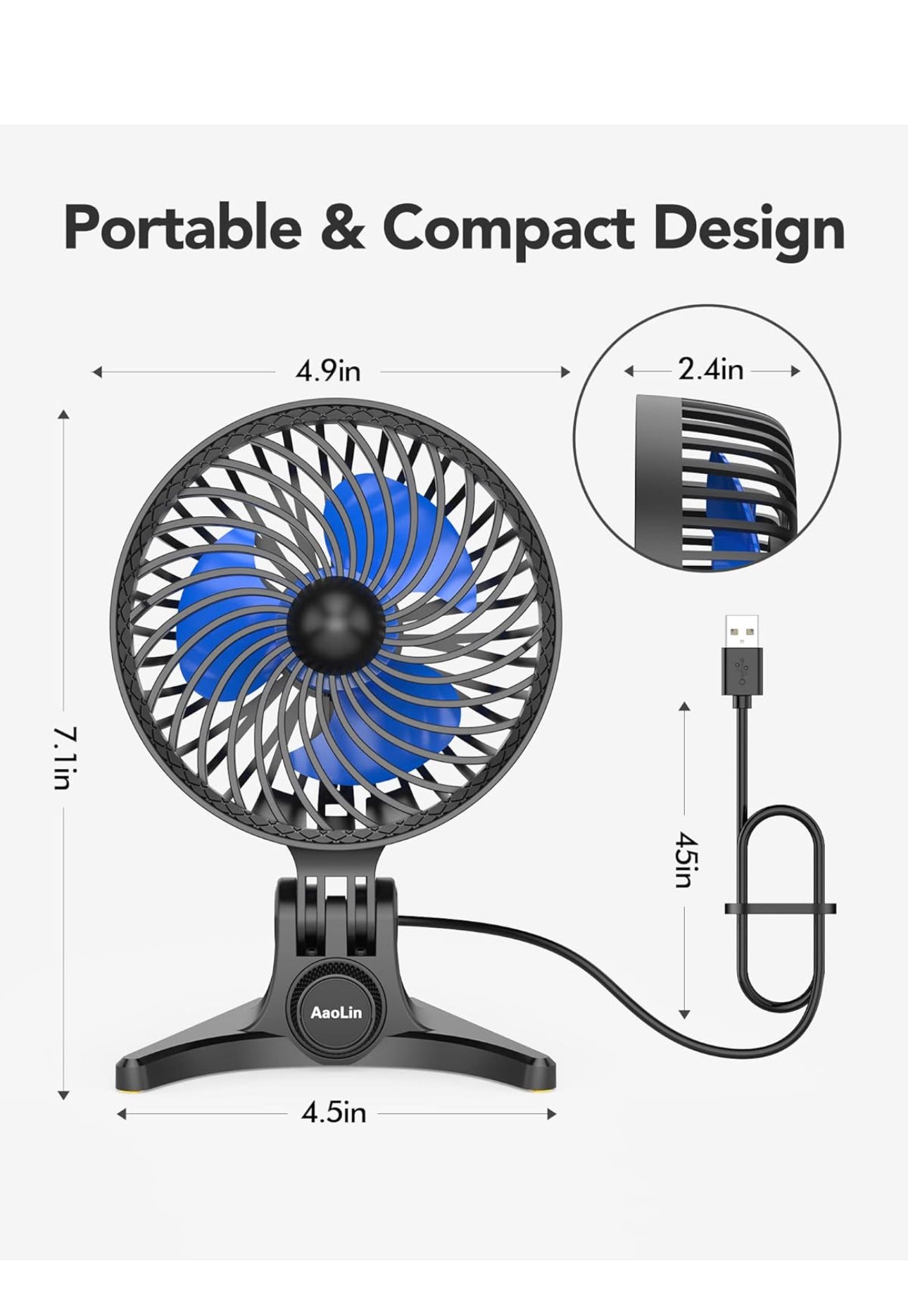 USB Desk Fan, Small Fans with CVT Variable Speeds, Strong Cooling Airflow, Quiet Portable, Desktop Mini Personal Table Fan for Room, Home, Office, Bedroom, Blue Black