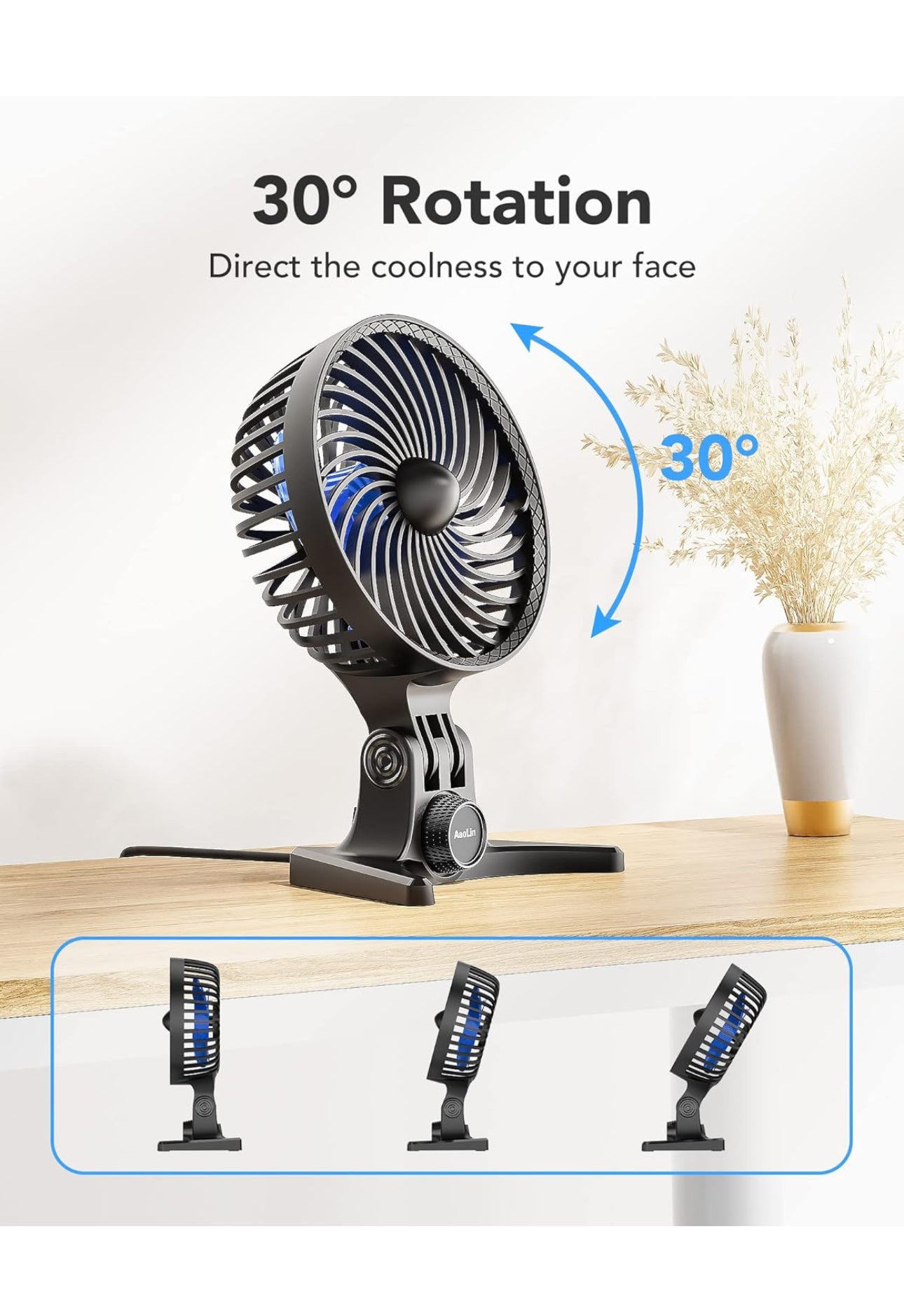 USB Desk Fan, Small Fans with CVT Variable Speeds, Strong Cooling Airflow, Quiet Portable, Desktop Mini Personal Table Fan for Room, Home, Office, Bedroom, Blue Black