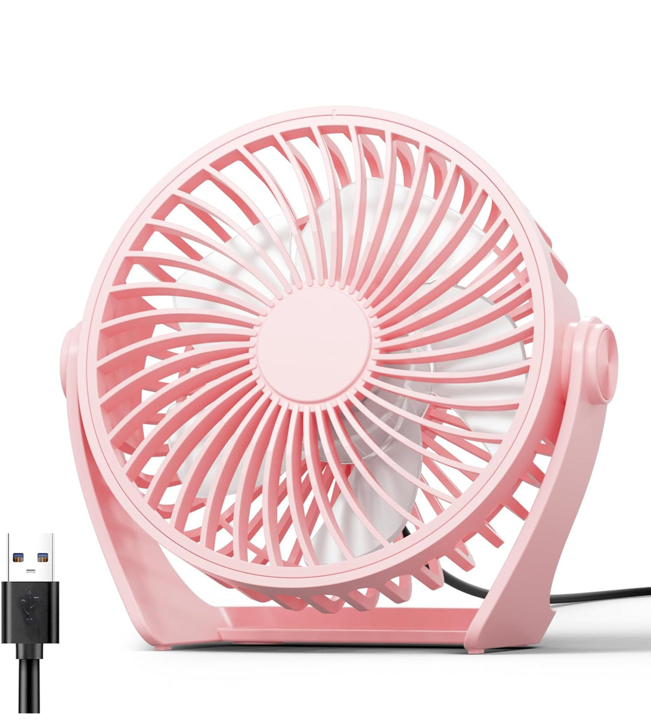 USB Desk Fan, 5 Inch Small Portable, 3 Speeds Powerful Wind Mini Personal Desktop Fan 360° Rotation Adjustable, Plug In USB Fan Quiet for Table Home Office Travel Car(Pink)