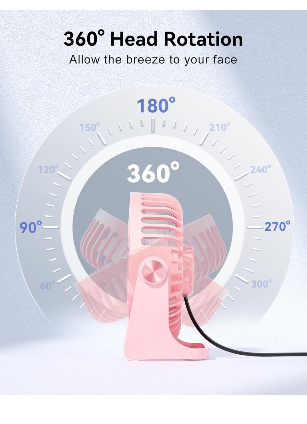 USB Desk Fan, 5 Inch Small Portable, 3 Speeds Powerful Wind Mini Personal Desktop Fan 360° Rotation Adjustable, Plug In USB Fan Quiet for Table Home Office Travel Car(Pink)