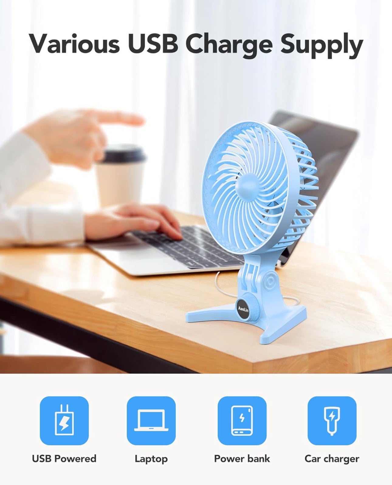 USB Desk Fan, Small Fans with CVT Variable Speeds, Strong Cooling Airflow, Quiet Portable, Desktop Mini Personal Table Fan for Room, Home, Office, Bedroom, Blue