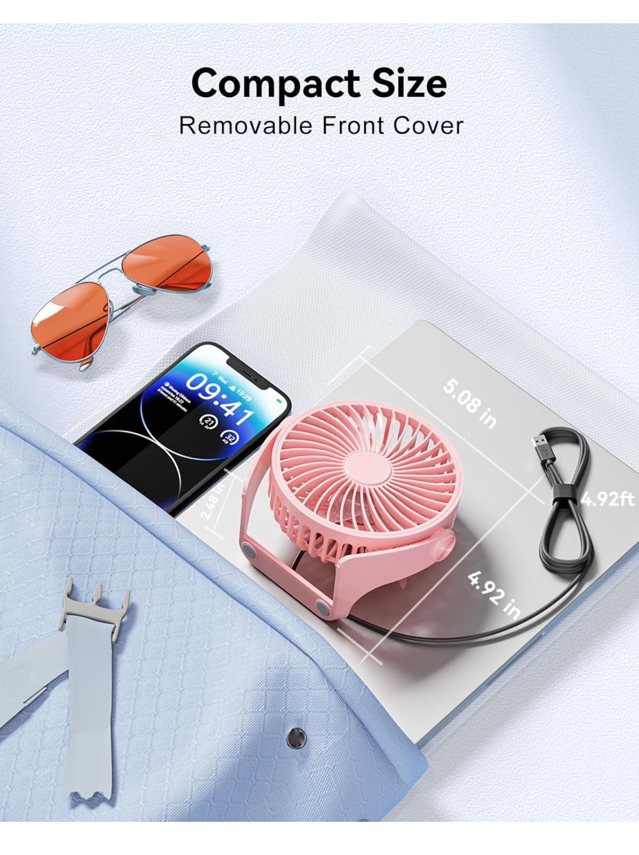 USB Desk Fan, 5 Inch Small Portable, 3 Speeds Powerful Wind Mini Personal Desktop Fan 360° Rotation Adjustable, Plug In USB Fan Quiet for Table Home Office Travel Car(Pink)
