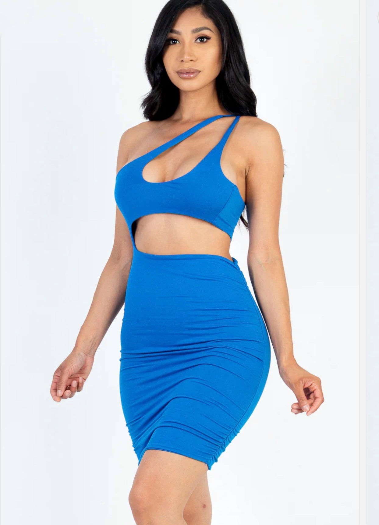 One Shoulder Cut-out Front Ruched Bodycon Dress