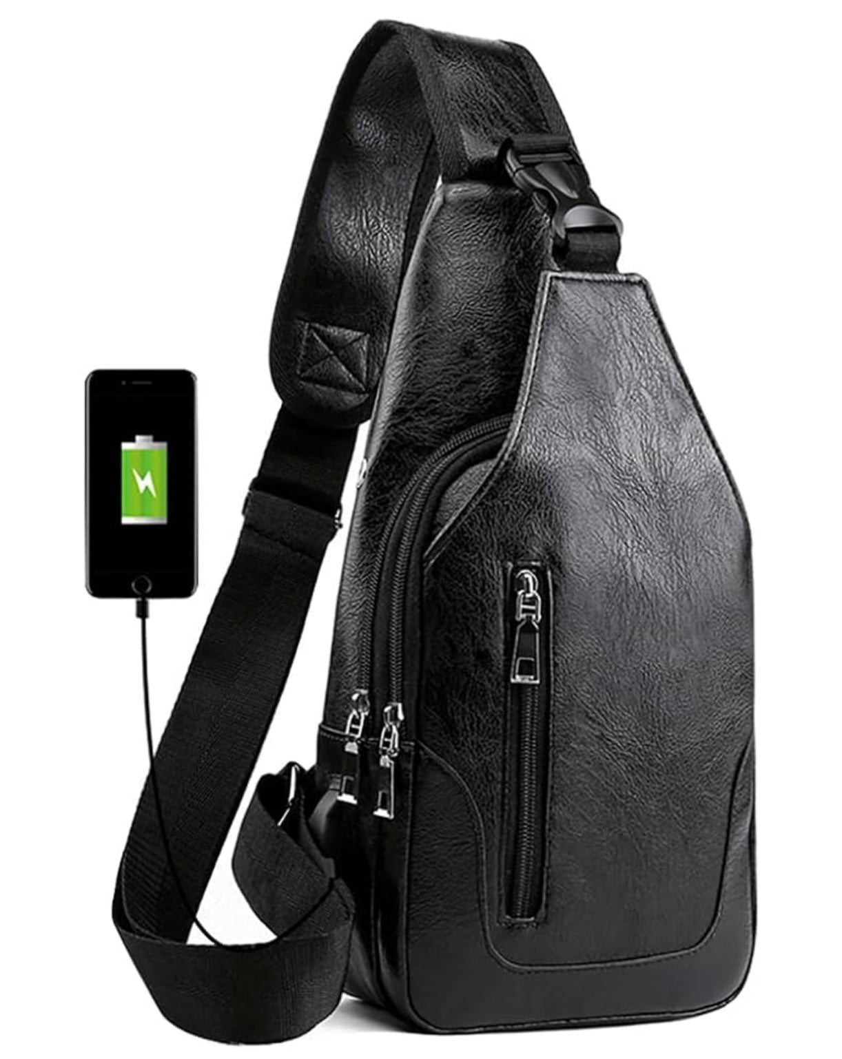 Leather Sling Bag Men's Crossbody Bag with USB Charge Port