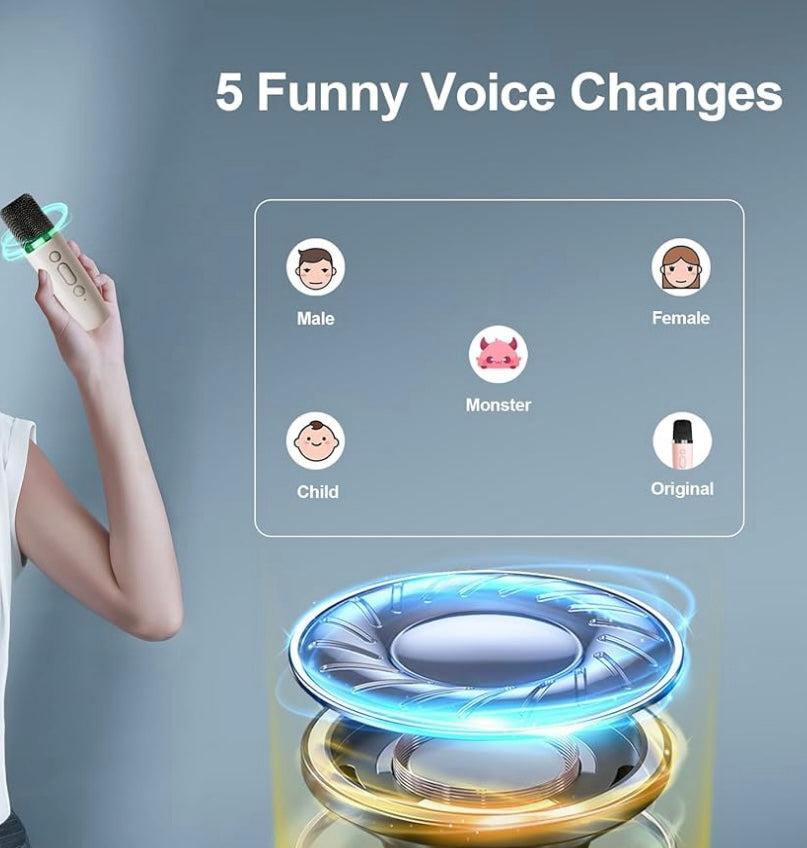 Mini Karaoke Music Box for kids, Portable Bluetooth Speaker, 1 Wireless Microphone with Fun Voice Changing