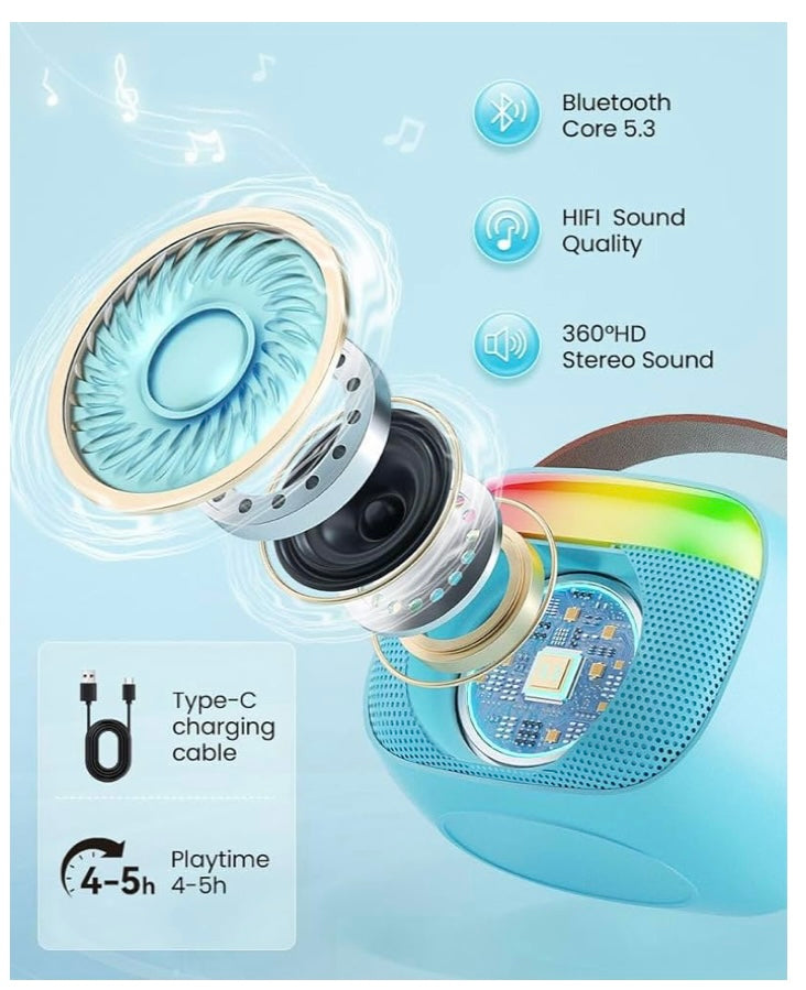 Mini Karaoke Music Box for kids, Portable Bluetooth Speaker, 1 Wireless Microphone with Fun Voice Changing