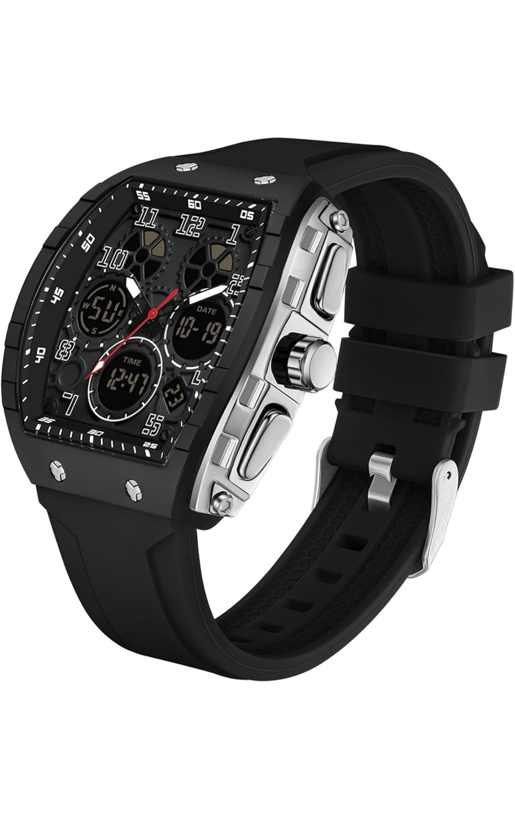 Black Wristwatch with Digital Analog Dual Time Display, Countdown, Stopwatch and Waterproof