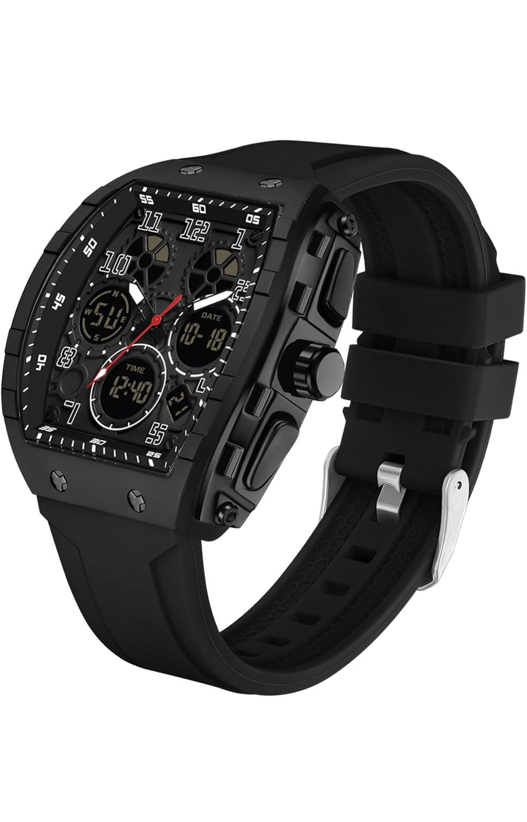 Black Wristwatch with Digital Analog Dual Time Display, Countdown, Stopwatch and Waterproof