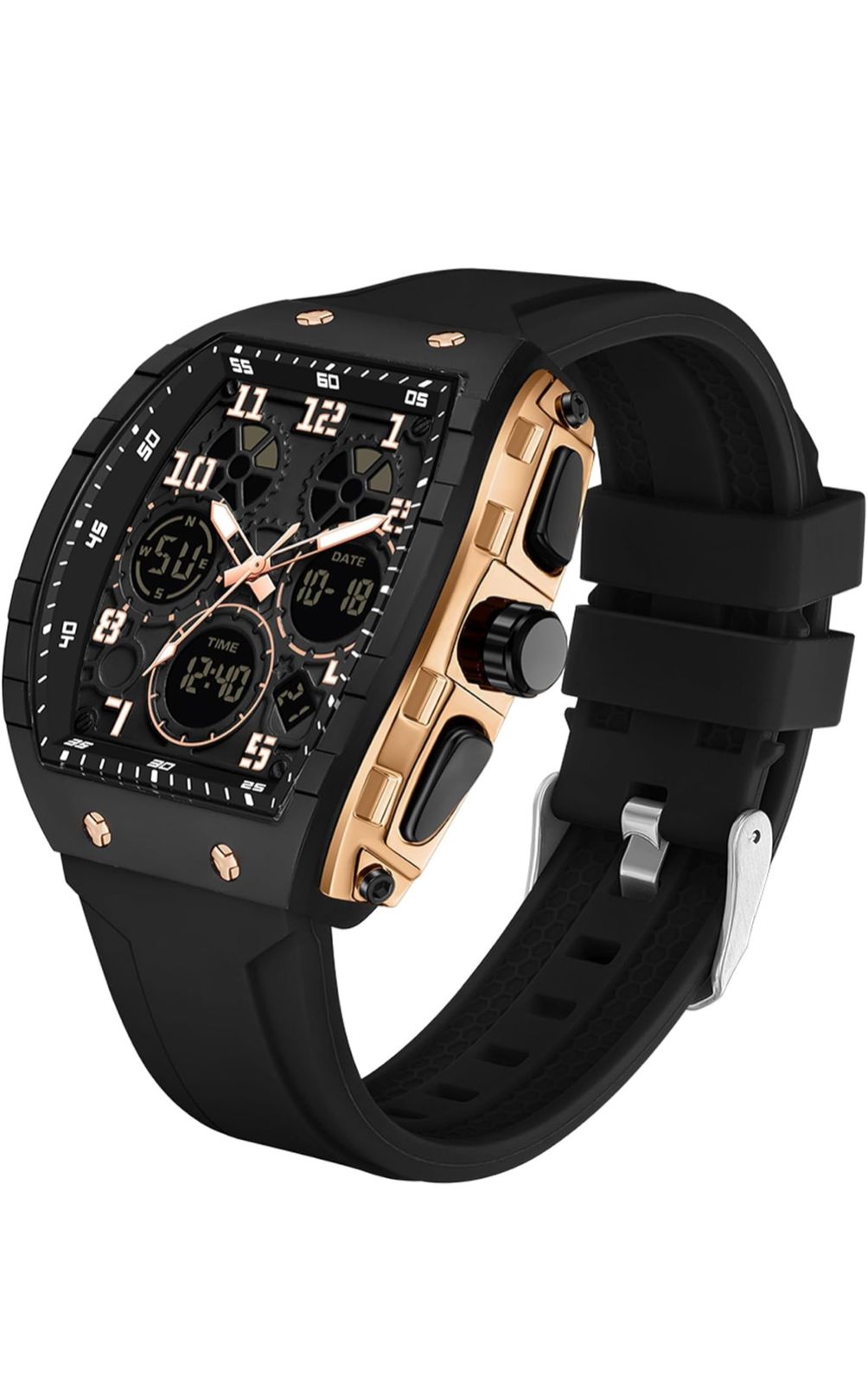 Black Wristwatch with Digital Analog Dual Time Display, Countdown, Stopwatch and Waterproof